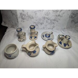 6x Williamsburg Pottery Jugs Vases Candle Holders Salt Glazed Blue Leaves